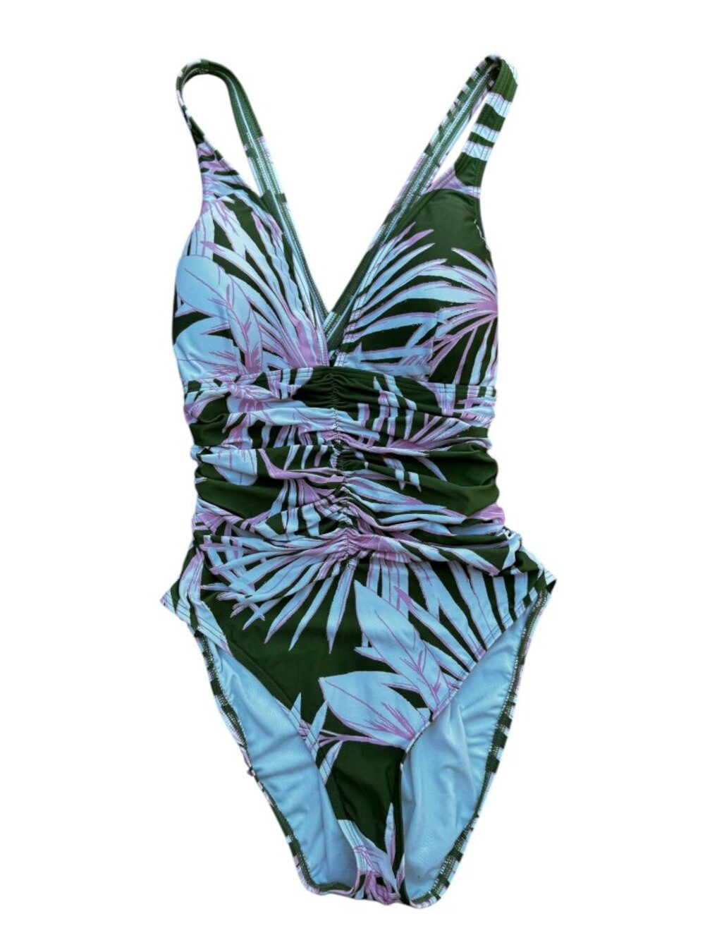 LOFT Beach Tropical Palm Ruched One Piece Swimsuit Green Blue M NWOT